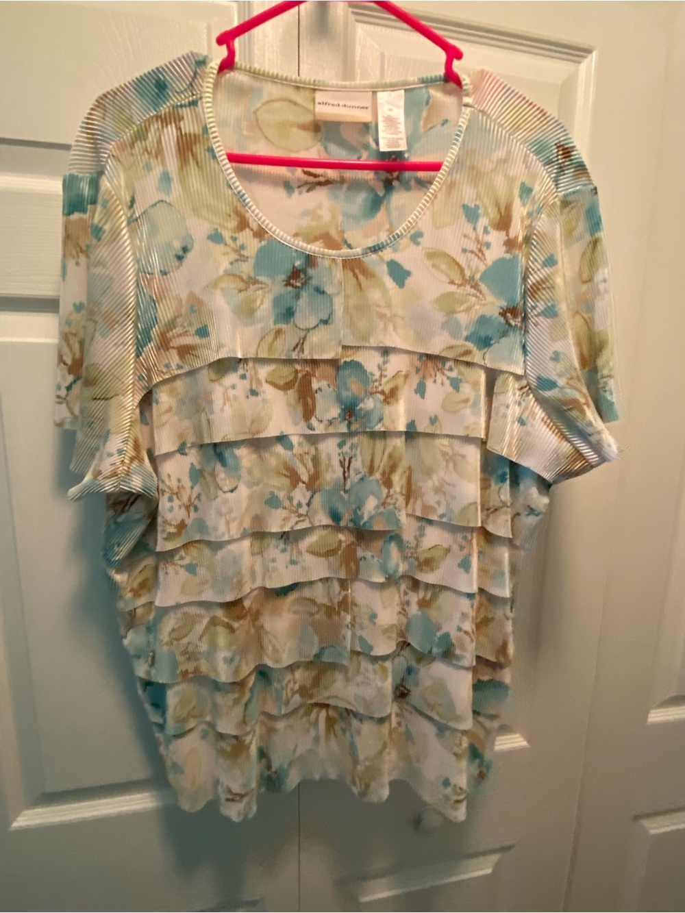 Alfred Dunner Aqua Blue, Green, Beige Abstract Floral Print Tiered Blouse 2X